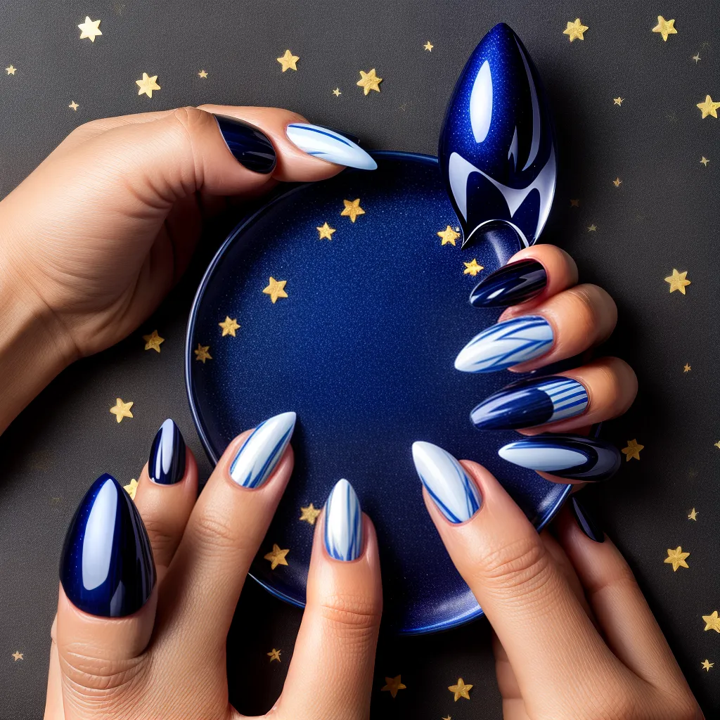 unhas manicure lua estrelas azul