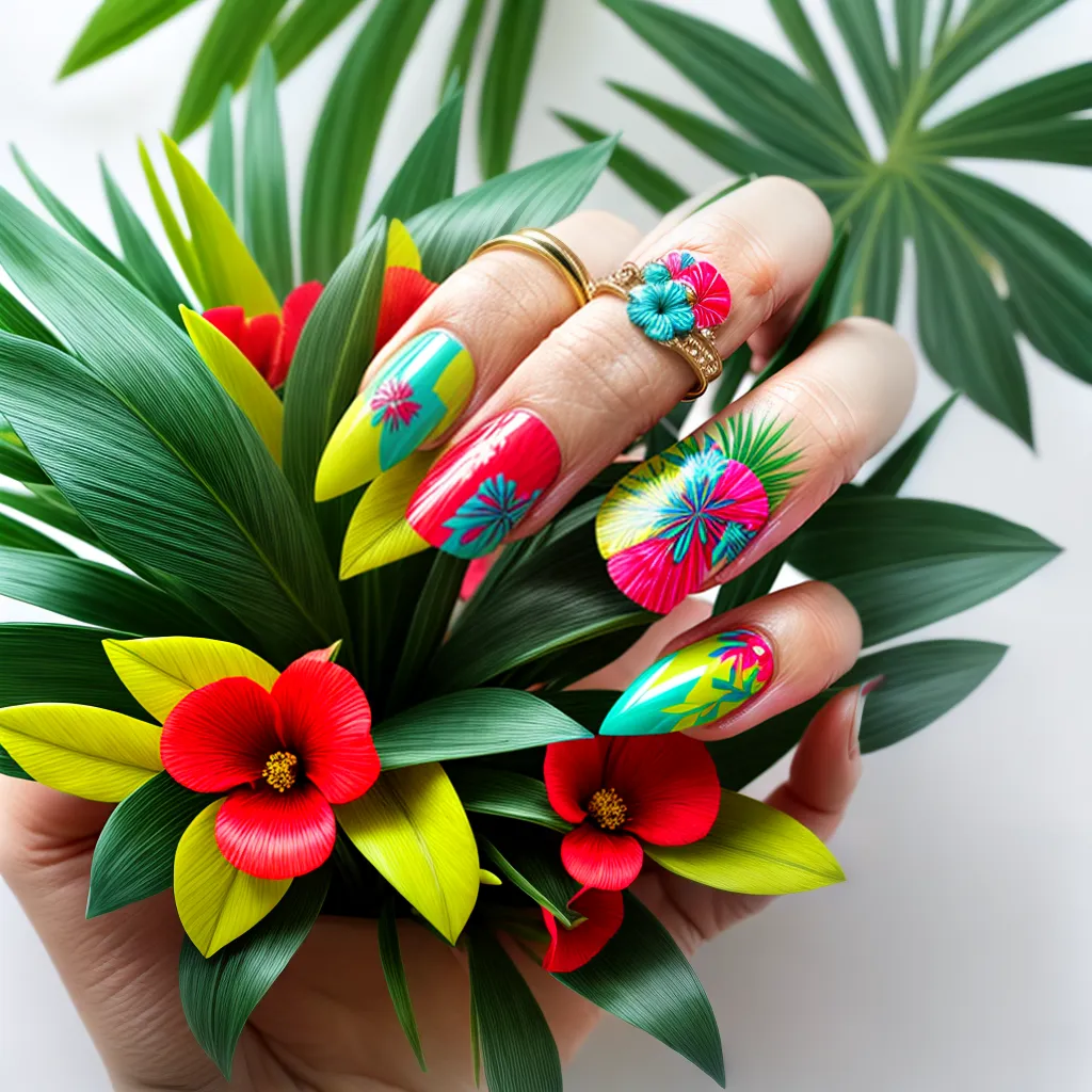 unhas tropicais folhas frutas coloridas unhas tropicais folhas frutas coloridas
