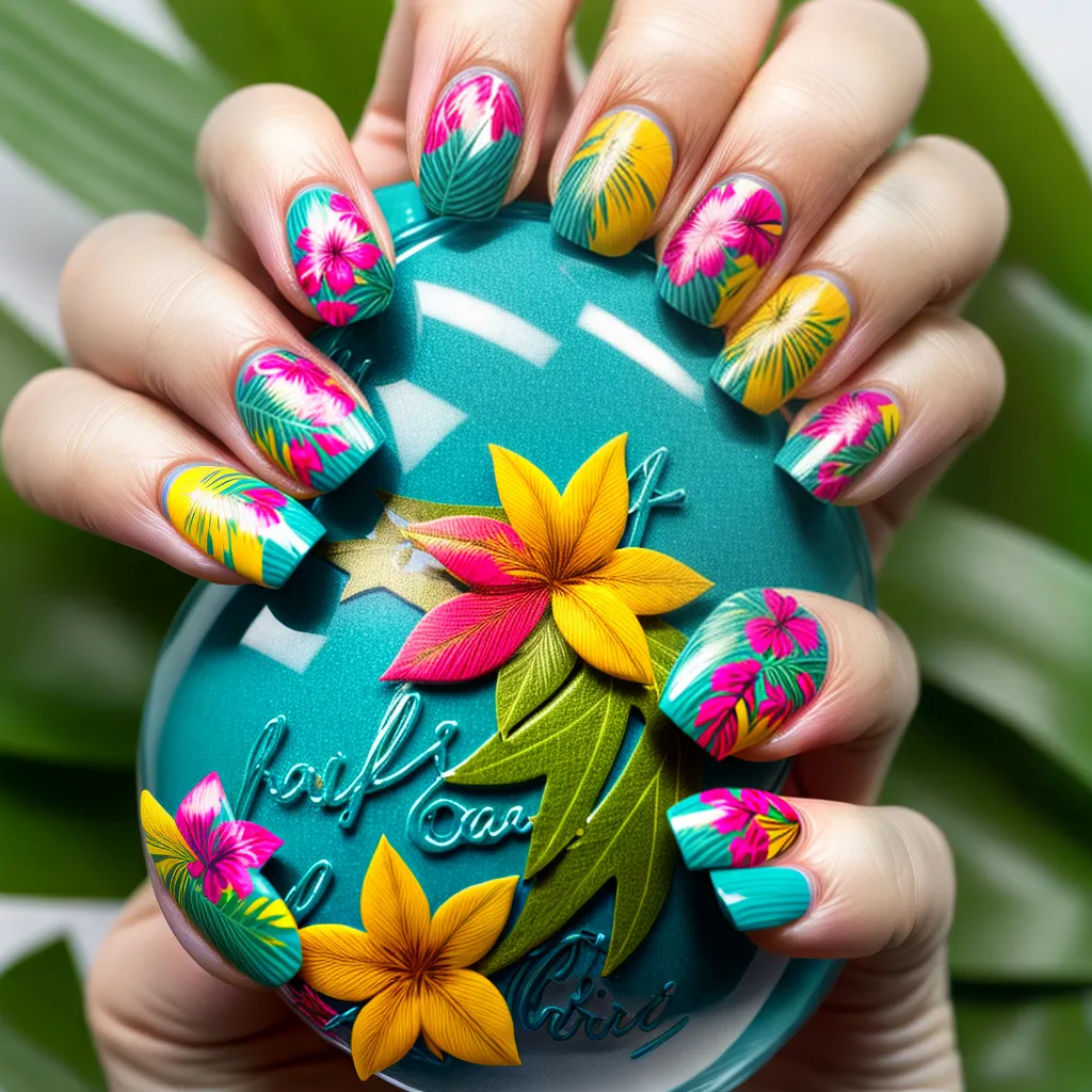 unhas tropicais festivas flores folhas unhas tropicais festivas flores folhas