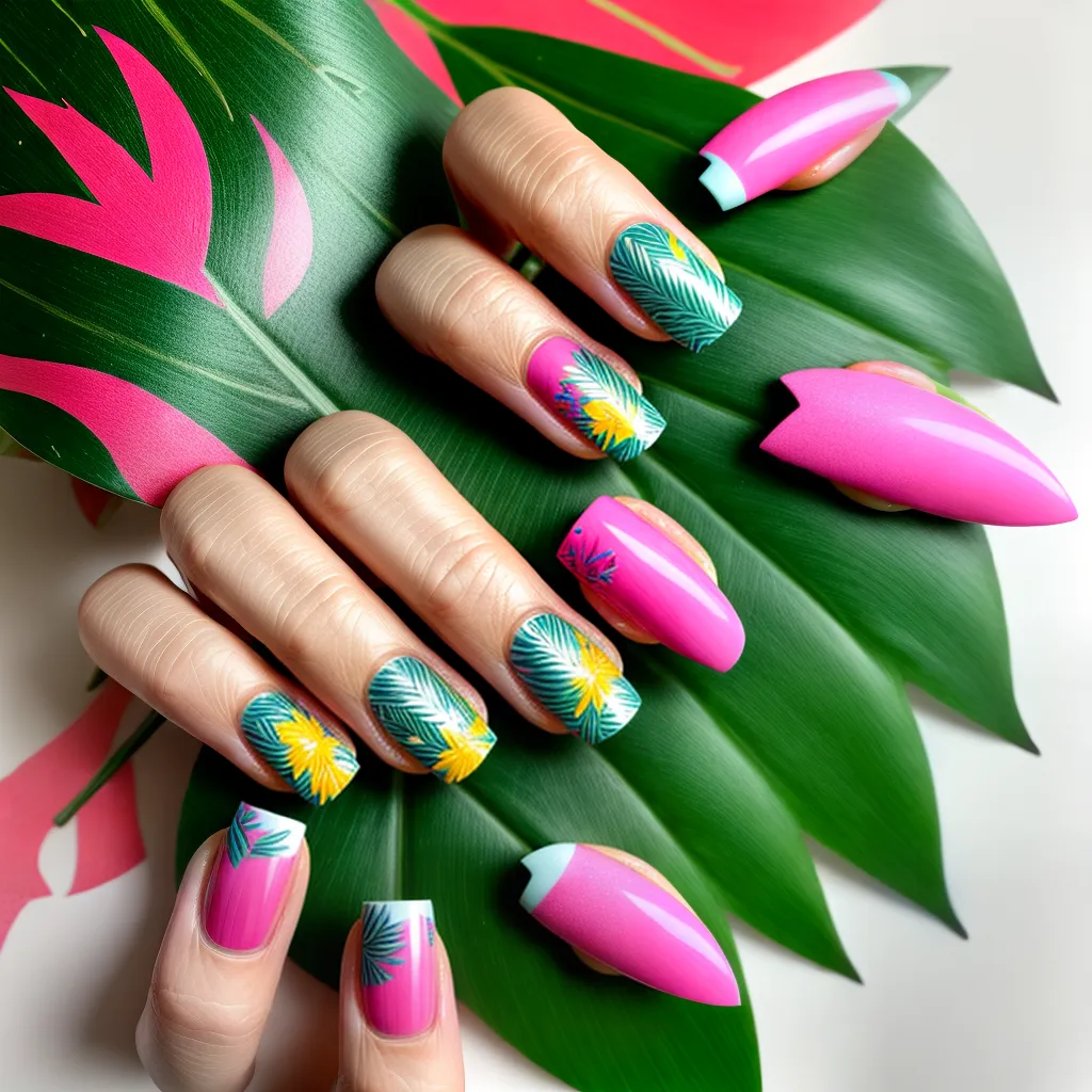 unhas tropicais folhas flores flamingos unhas tropicais folhas flores flamingos