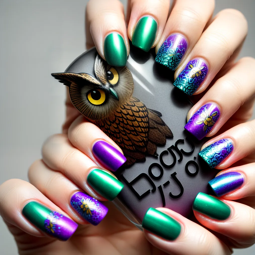 unhas coruja arte colorida detalhada