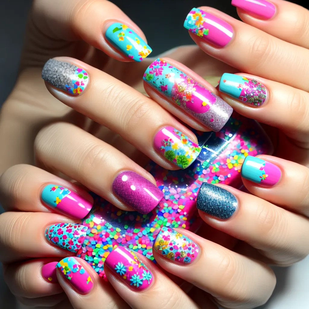 unhas artisticas patchwork cores vibrantes