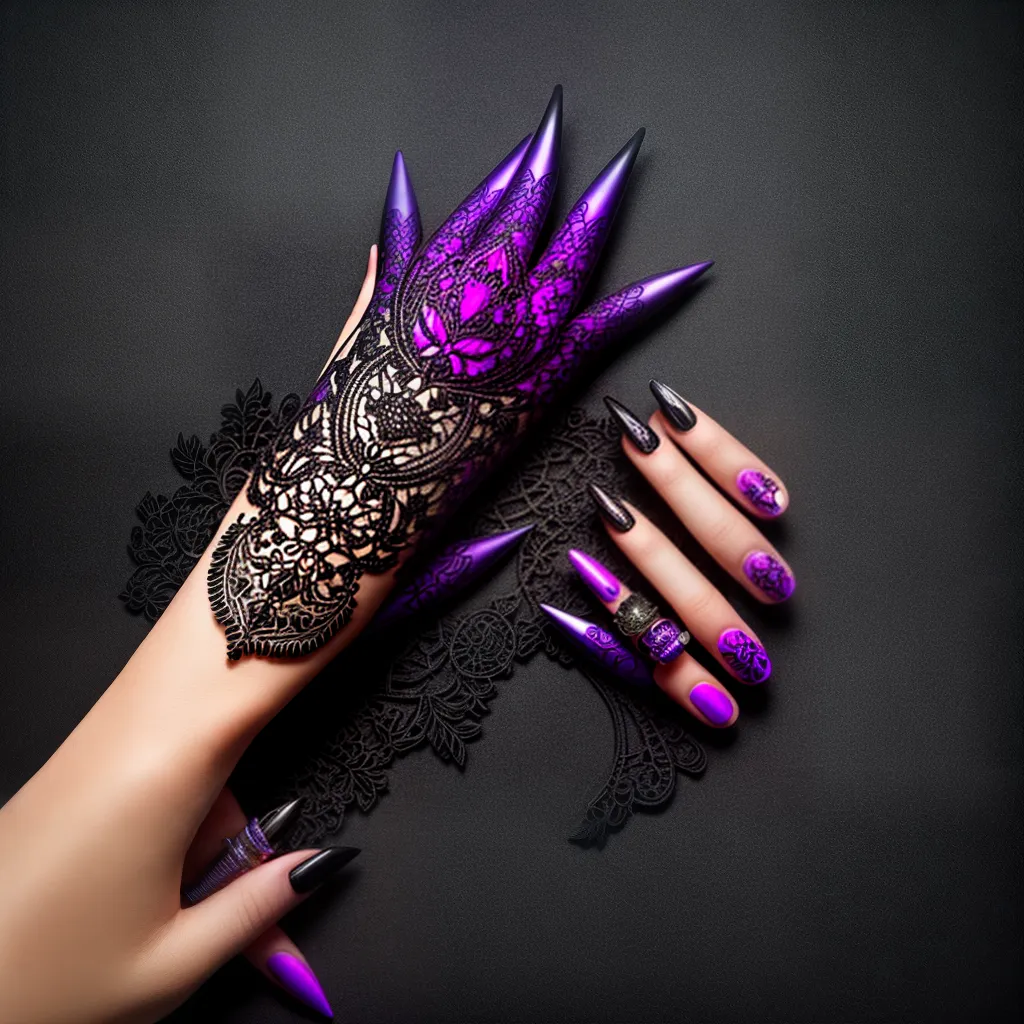 unhas goticas prata roxo design
