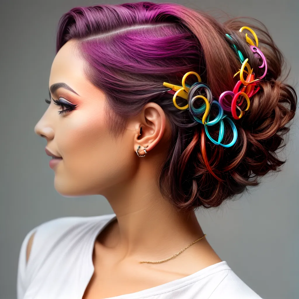 mulher cabelo curto estilo clips coloridos
