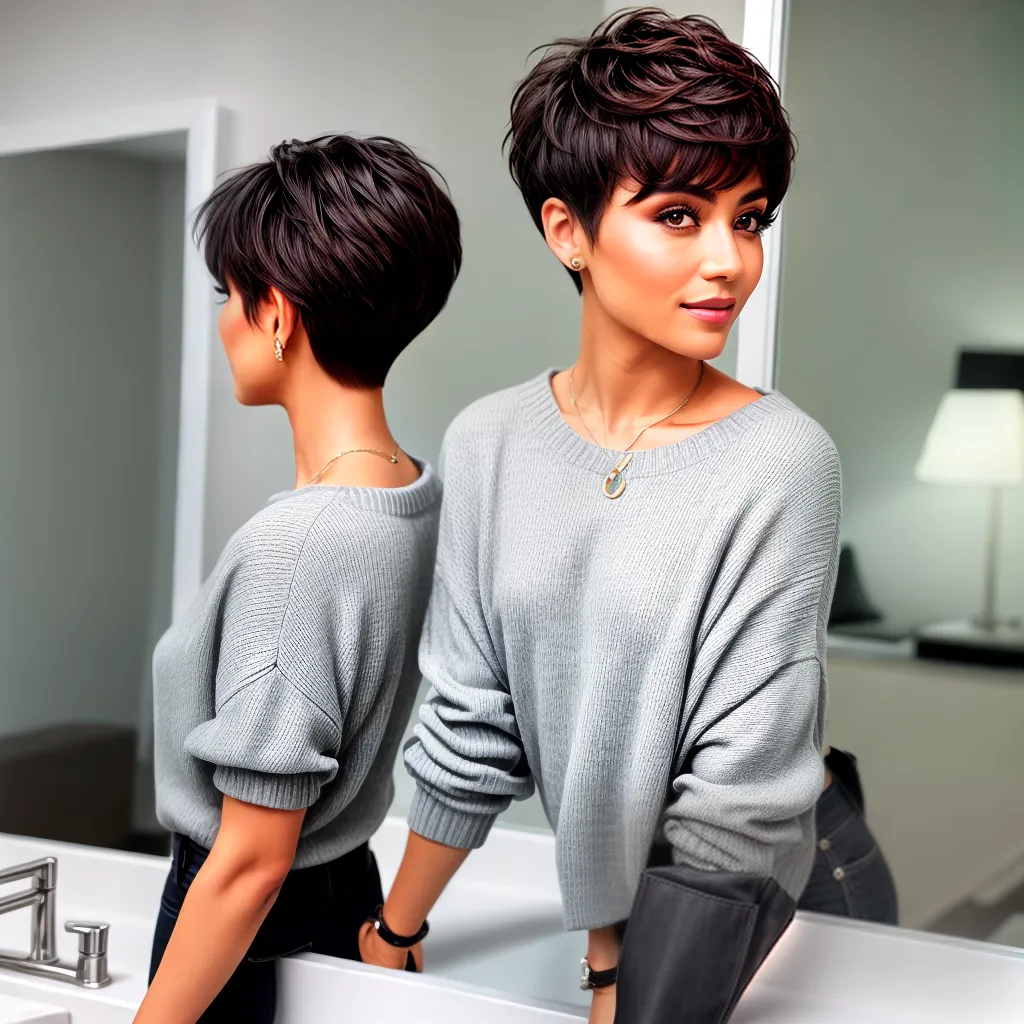 mulher estilosa corte pixie reflexo espelho