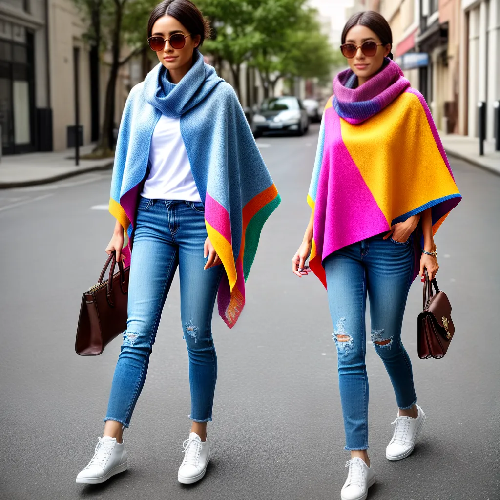 mulher poncho colorido estilo chic 1