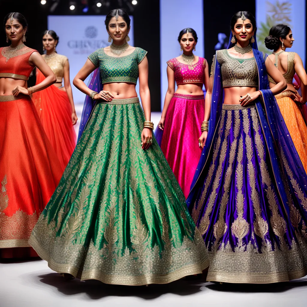 passarela lehengas modernos bordados cores ousadas