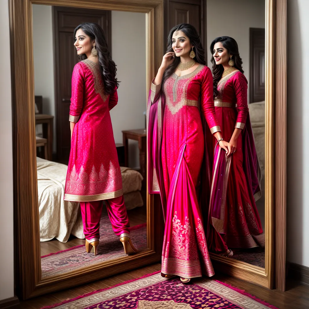 mulher provando salwar kameez espelho