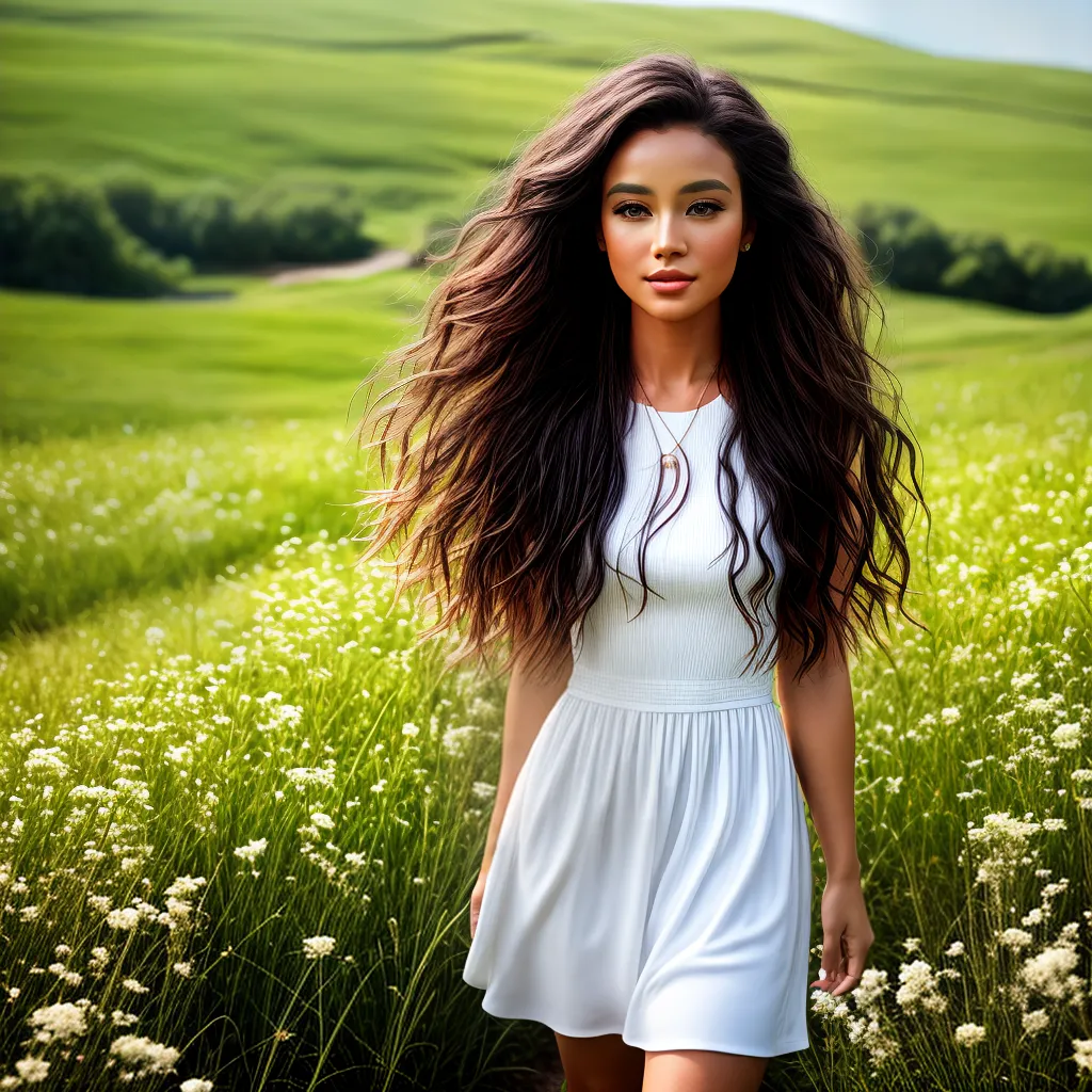 mulher cabelo ondulado vestido branco campo flores mulher cabelo ondulado vestido branco campo flores