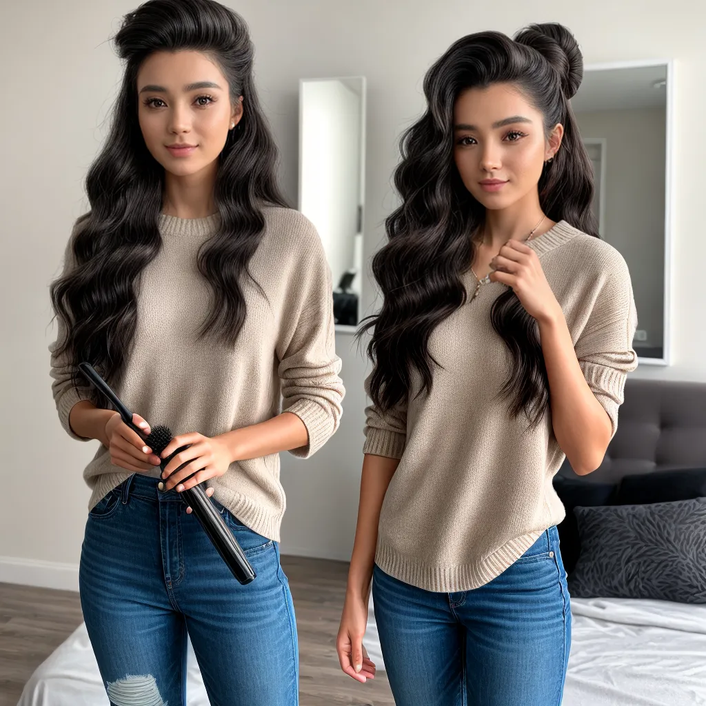 mulher cabelo ondulado espelho pente secador