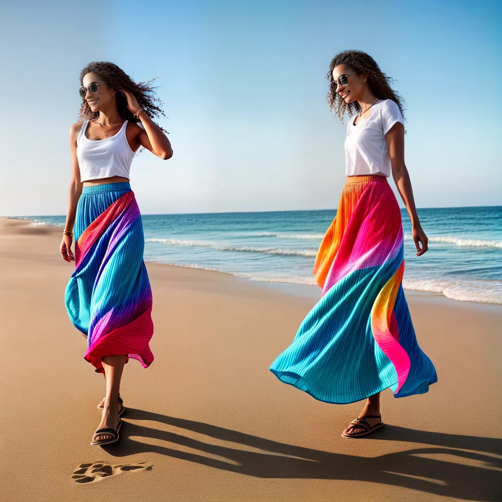 mulher praia saia maxi colorida