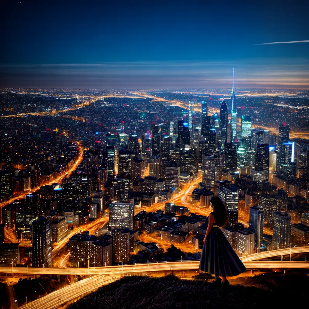 mulher saia brilhante cidade noturna 2024
