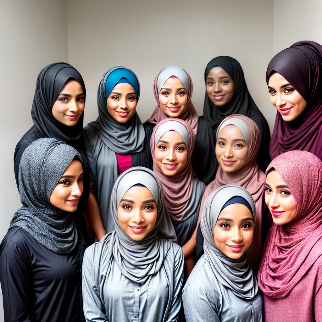 mulheres diversas provando hijabs alegria