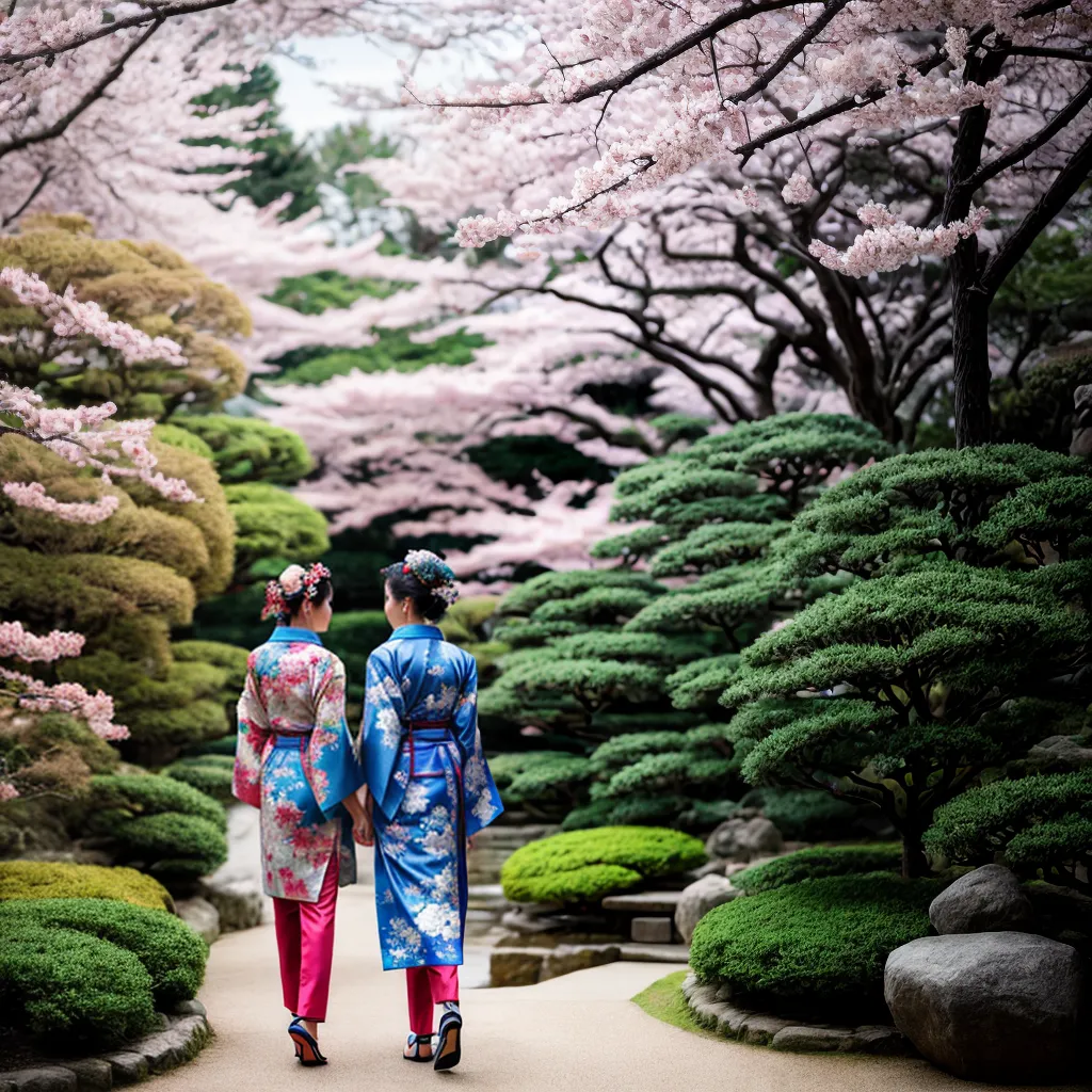 mulheres kimonos jardim japones