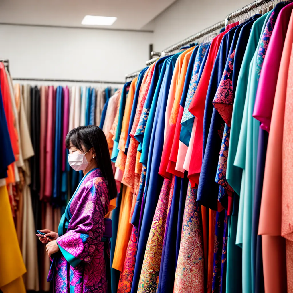 mulher kimonos examinando cores padroes