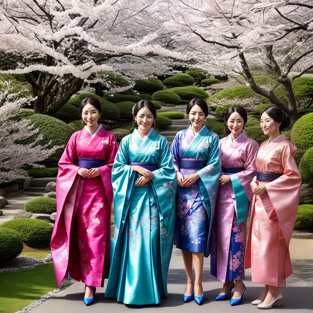 mulheres elegantes kimonos jardim japones