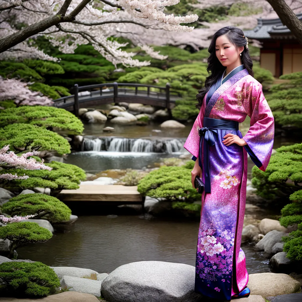 mulher kimono jardim japones