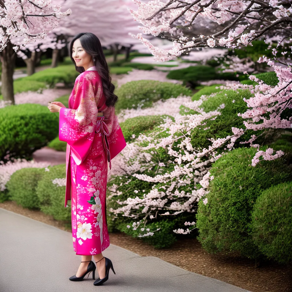 mulher kimono floral cerejeiras elegante