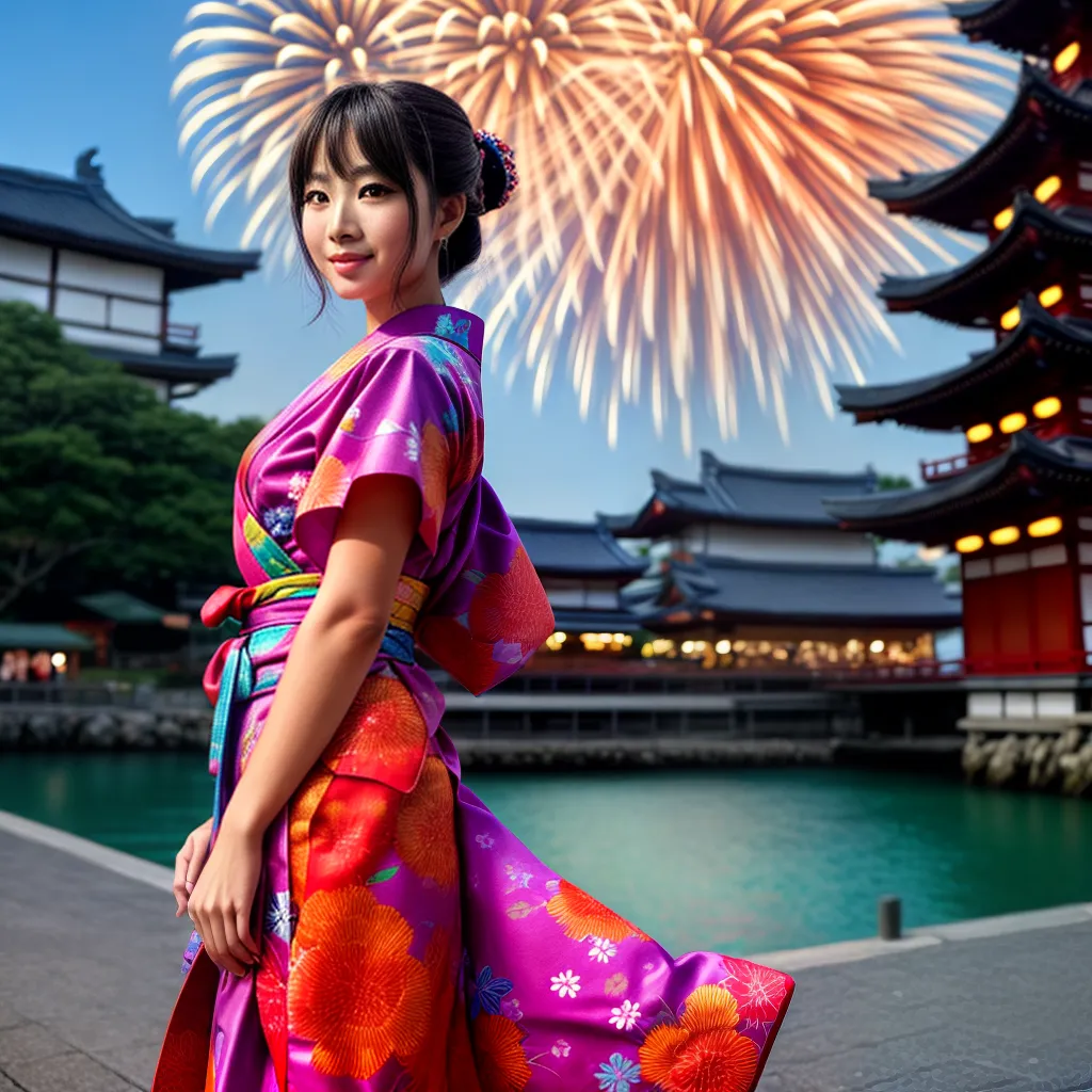 mulher yukata colorido fogos artificio