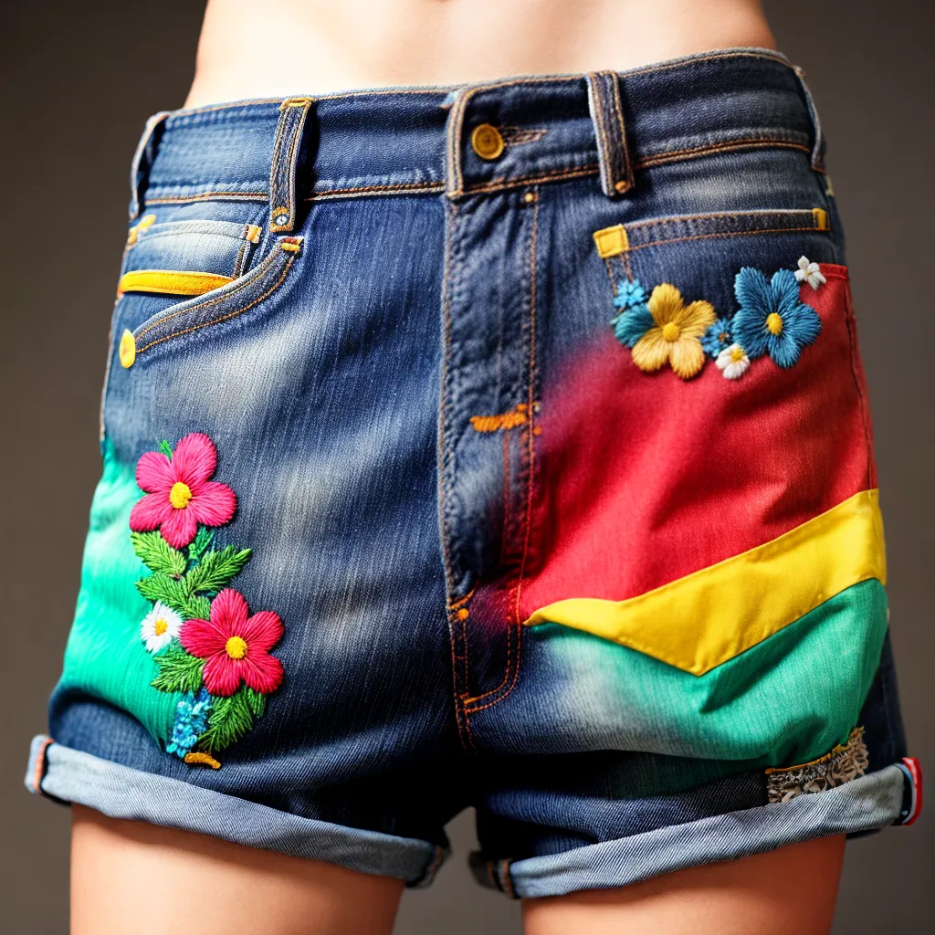 shorts jeans patches bordados coloridos