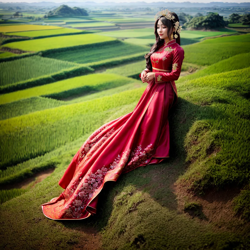 ao dai vermelho bordado cultura vietnam