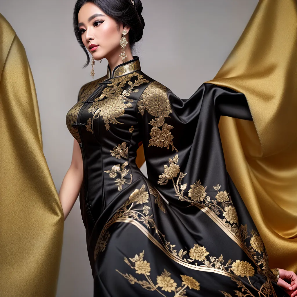 qipao preto dourado bordado floral