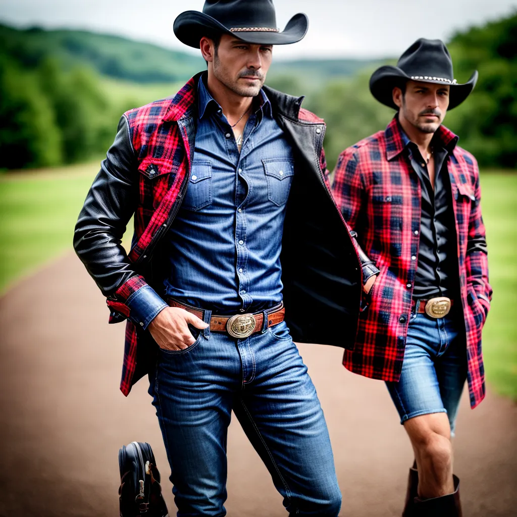 look cowboy estiloso xadrez vermelho preto