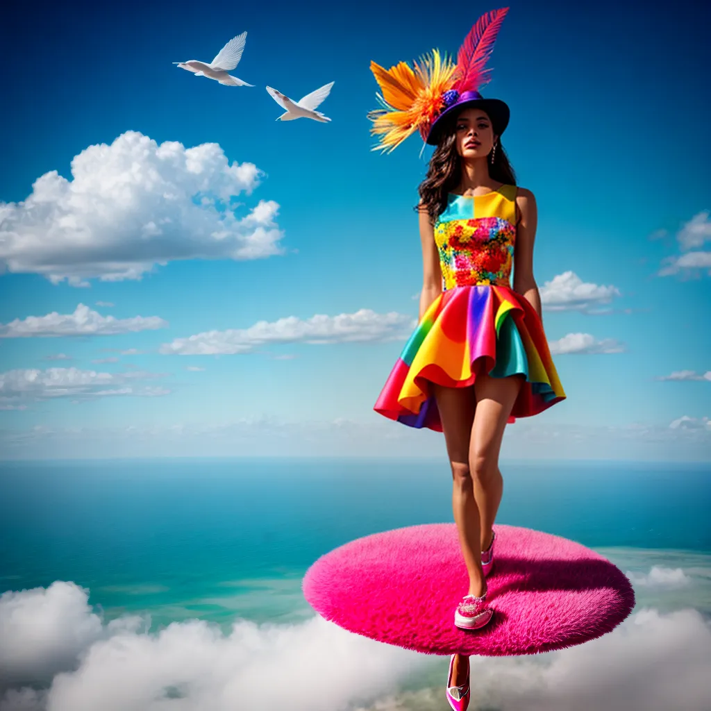 modelo vestido nuvens penas chapeu