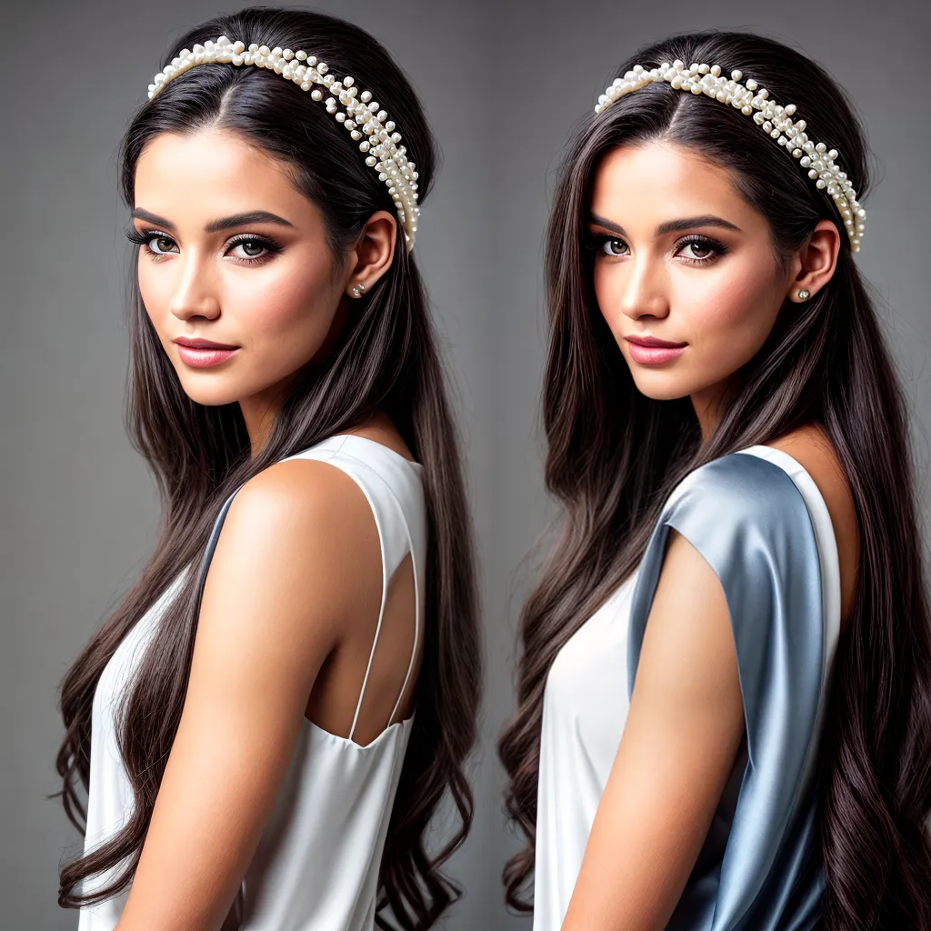 mulher cabelo fluindo headband perolas