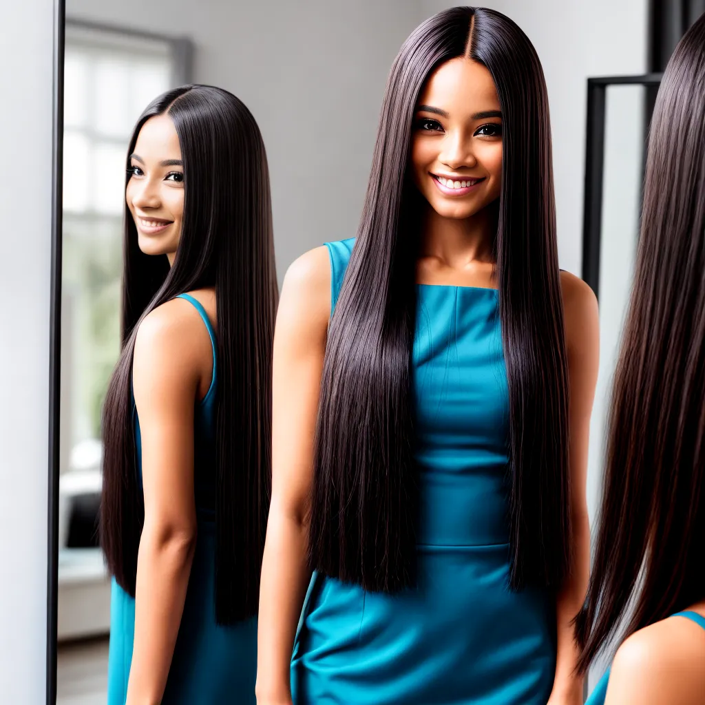 mulher cabelo liso espelho confiante mulher cabelo liso espelho confiante
