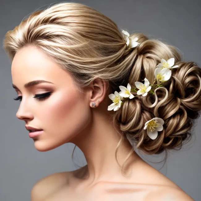 mulher cabelo loiro penteado florido mulher cabelo loiro penteado florido