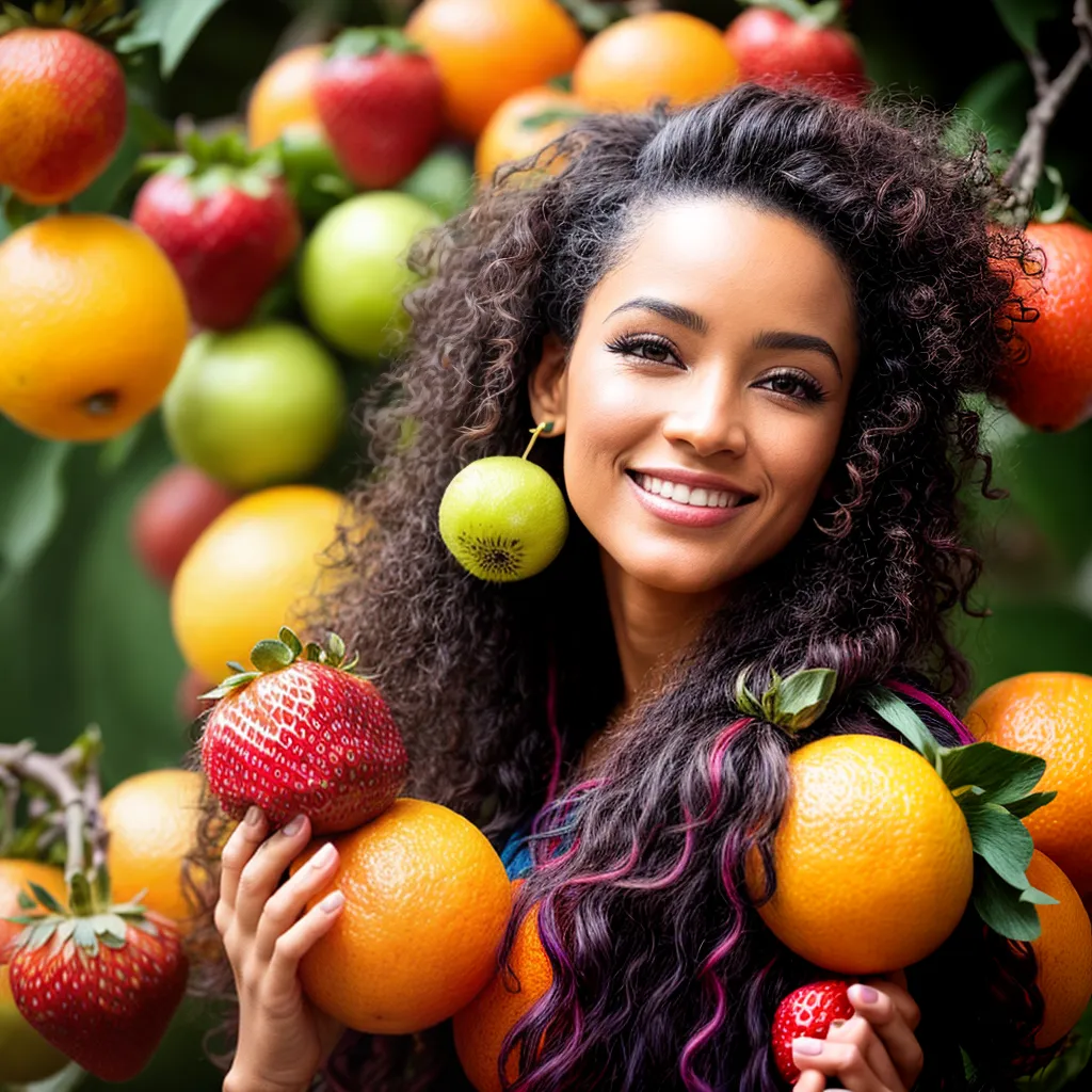 cabelo frutas coloridas mulher