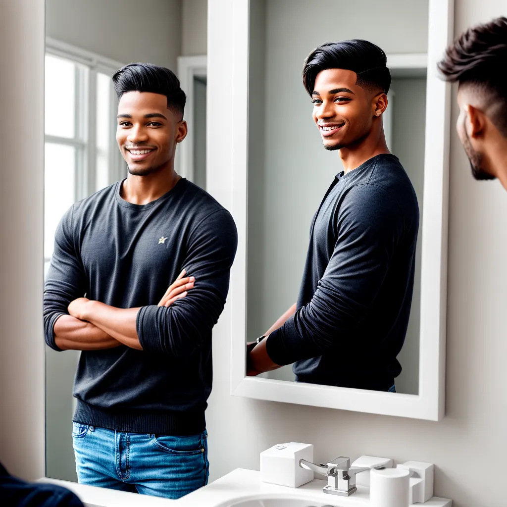 homem confiante reflexo espelho corte cabelo