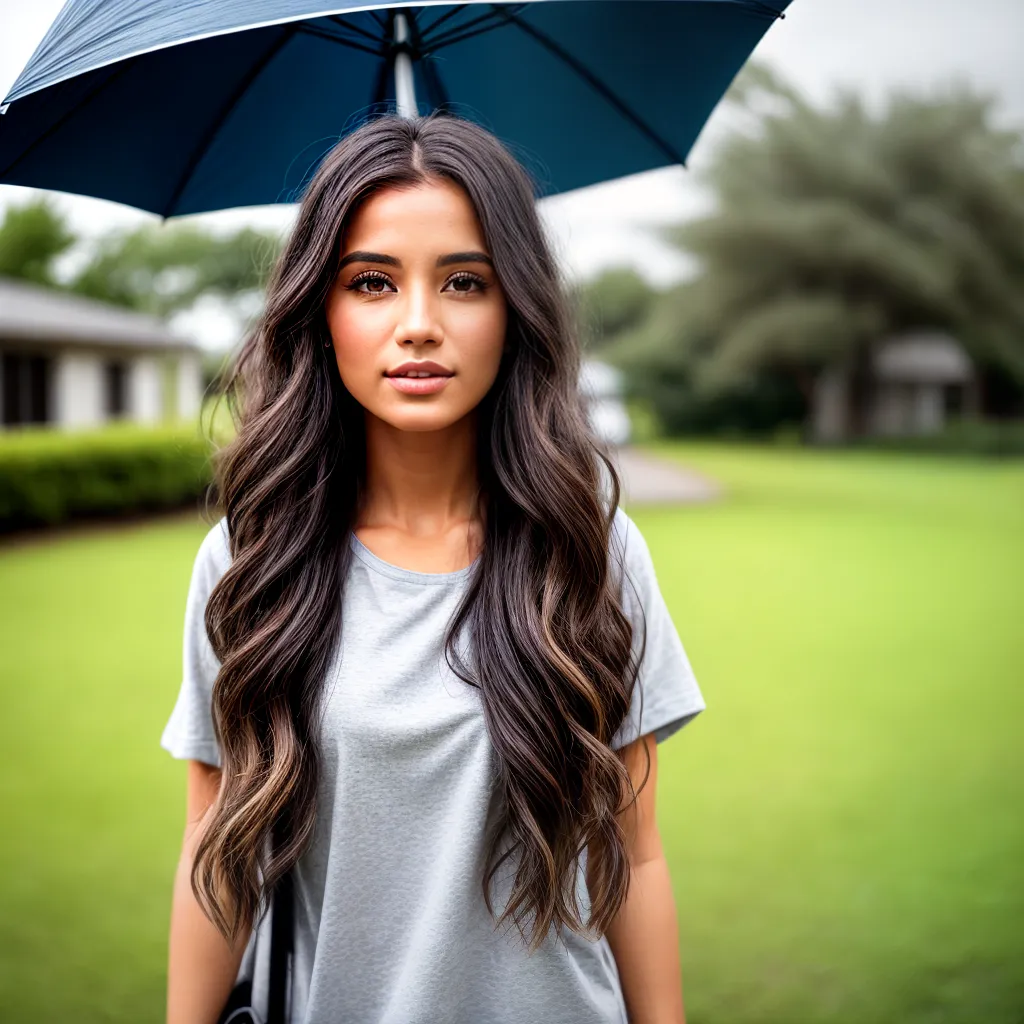 mulher cabelo ondulado chuva umbrella 1 Mulher de cabelo longo ondulado sob um guarda-chuva azul em dia nublado