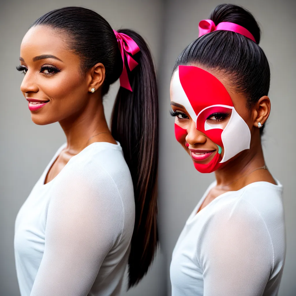 mulher cabelo longo ponytail fita colorida mulher cabelo longo ponytail fita colorida