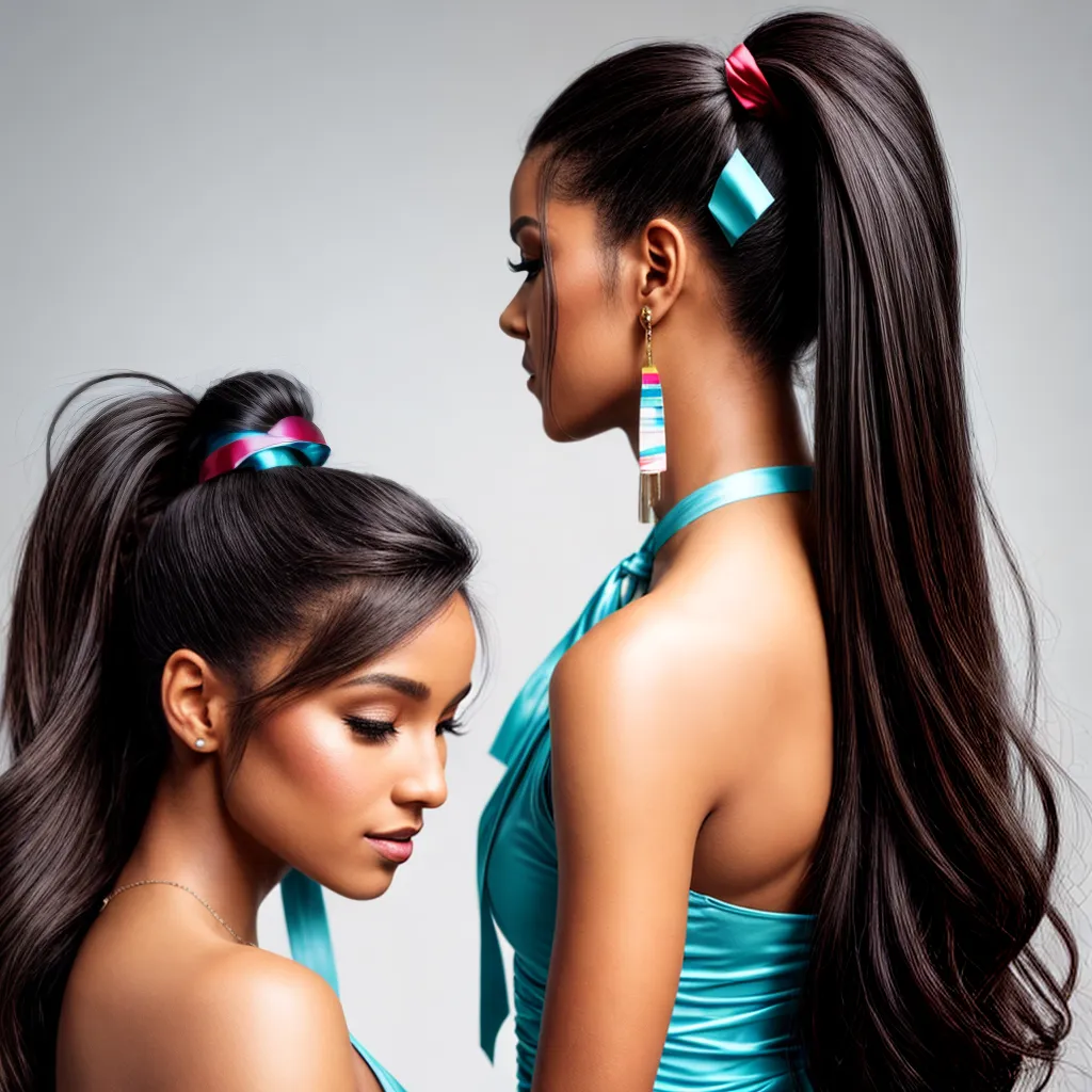 mulher cabelo ponytail fita colorida mulher cabelo ponytail fita colorida