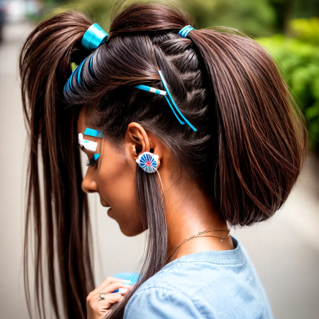 mulher cabelo longo ponytail clips coloridos