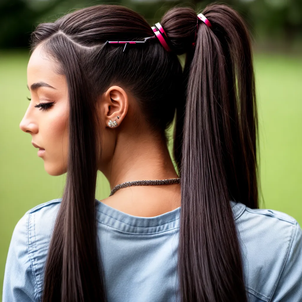 mulher cabelo longo ponytail clipes coloridos