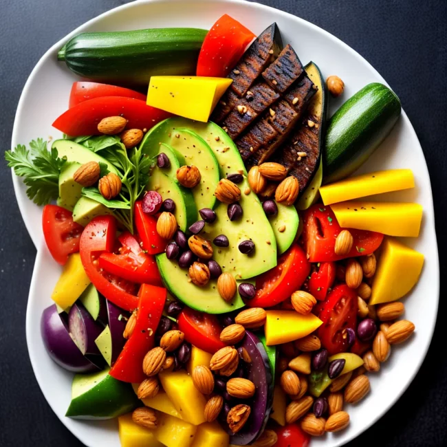prato colorido vegano folhas avocado frutas
