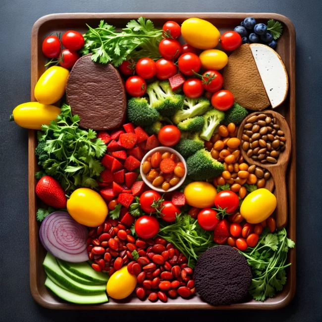 prato colorido vegetais frutas proteina vegetariana