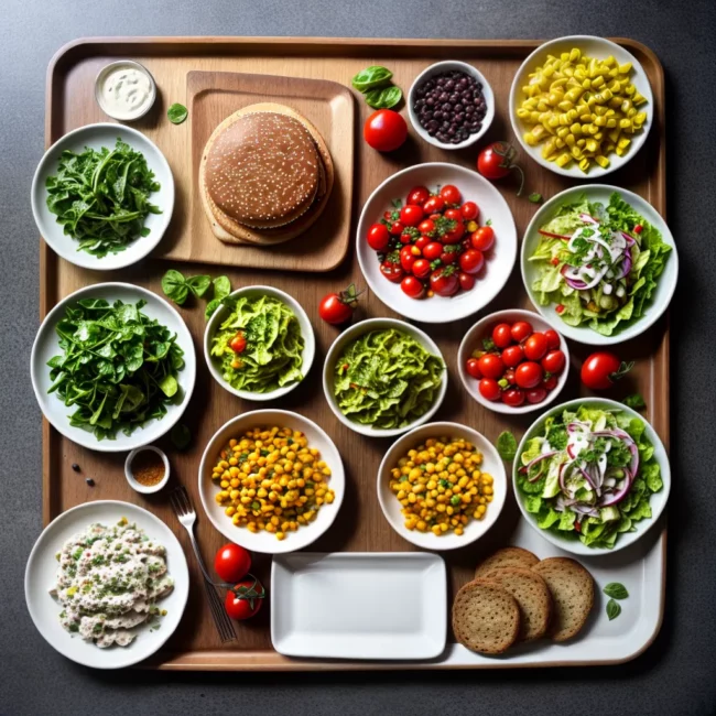 pratos vegan coloridos salada massa hamburguer