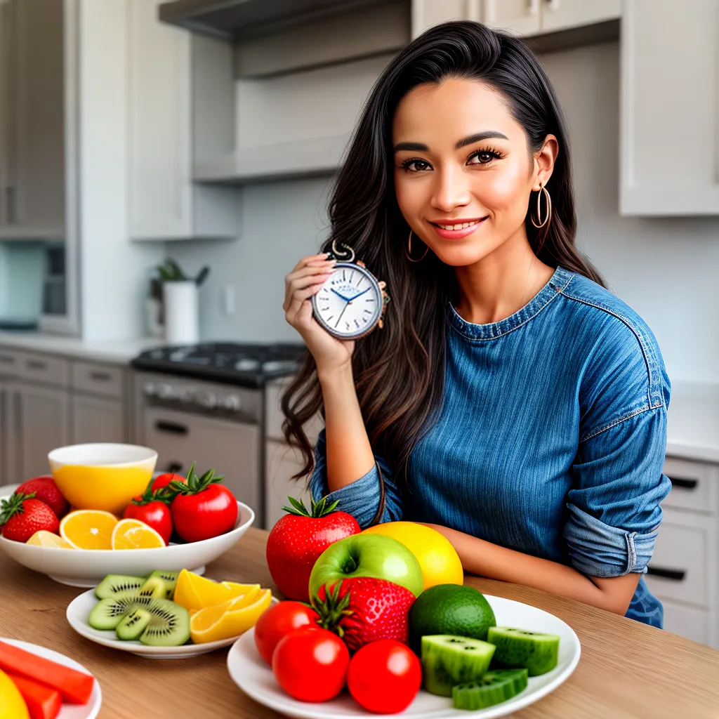 mulher mesa frutas legumes agua