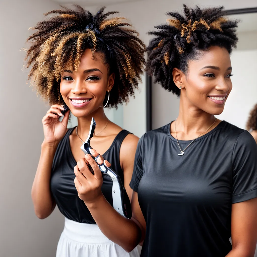 Mulher de cabelo crespo com tesoura diante do espelho
