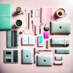 flat lay pastel laptop notebook celular mug