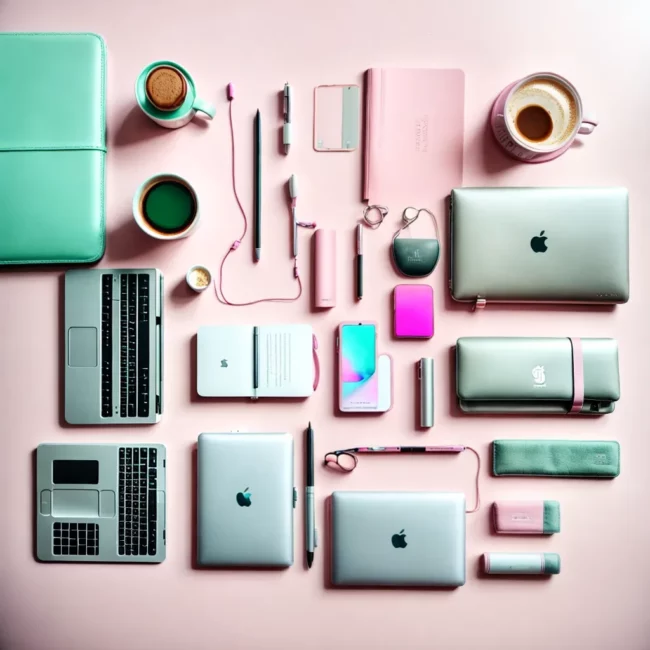 flat lay pastel laptop notebook celular mug flat lay pastel laptop notebook celular mug