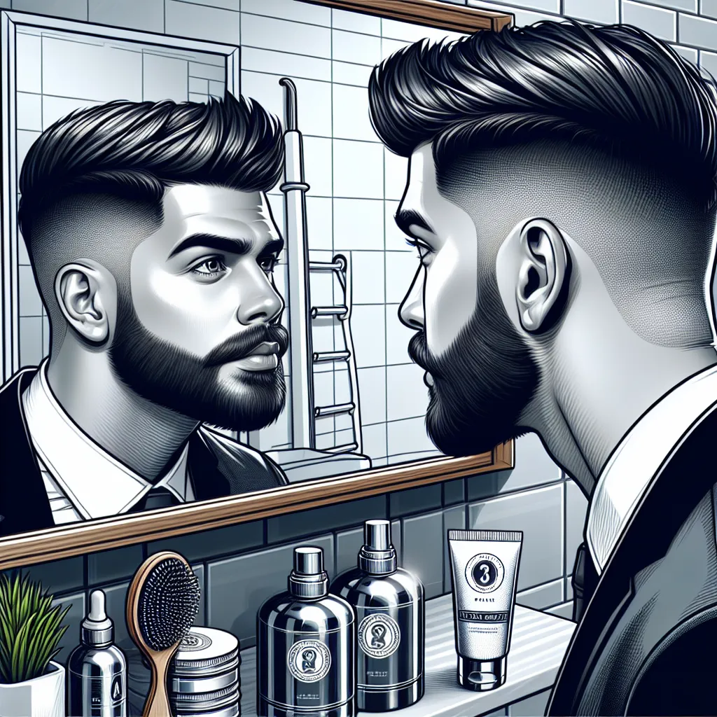 Transformação visual com cuidados pessoais. Um close de um homem bem cuidado admirando seu reflexo em um espelho estiloso, exibindo um corte de cabelo fresco e uma barba cuidadosamente estilizada. Ao seu redor, estão produtos de cuidados pessoais como pomada e óleo para barba, contra um fundo de banheiro moderno e chique, enfatizando a transformação do estilo pessoal.
