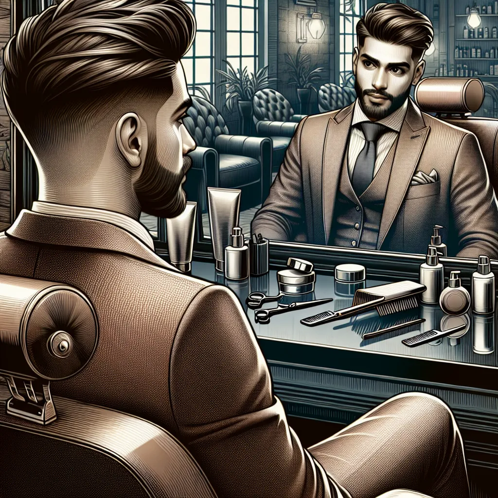 Transformação de estilo masculino na barbearia Um close de um homem bem cuidado sentado em uma cadeira de barbearia estilosa, refletindo em um grande espelho. Seu cabelo está perfeitamente estilizado e ele está vestindo um traje sob medida. Ao seu redor, há ferramentas e produtos de grooming que destacam a jornada de transformação do estilo masculino através do visagismo.