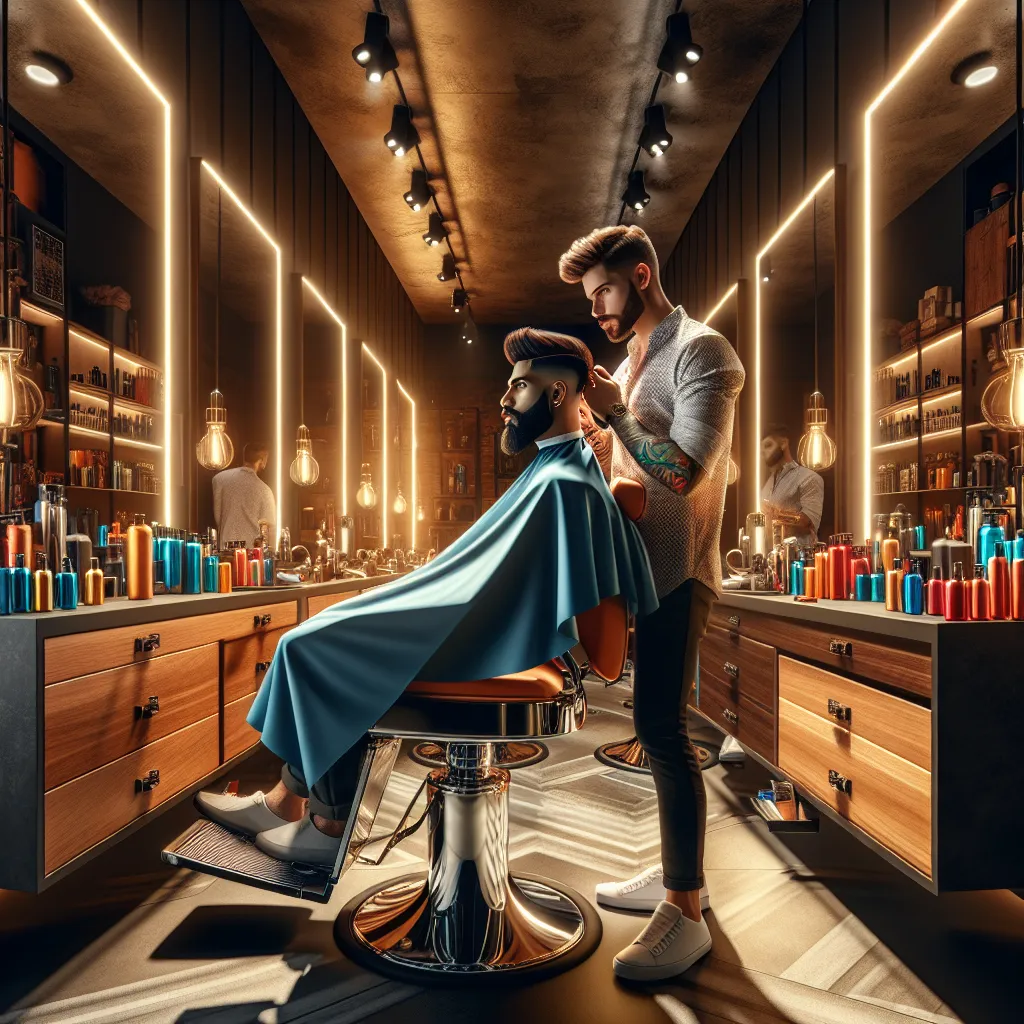 Corte de cabelo estiloso em barbearia elegante Um interior de barbearia elegante apresenta um homem confiante na cadeira, recebendo um corte de cabelo estiloso. Ao seu redor, espelhos refletem vibrantes produtos para cuidados com a barba e ferramentas de estilização capilar. A iluminação quente cria uma atmosfera acolhedora, enfatizando a transformação por meio de técnicas de visagismo especializadas para um visual masculino moderno.