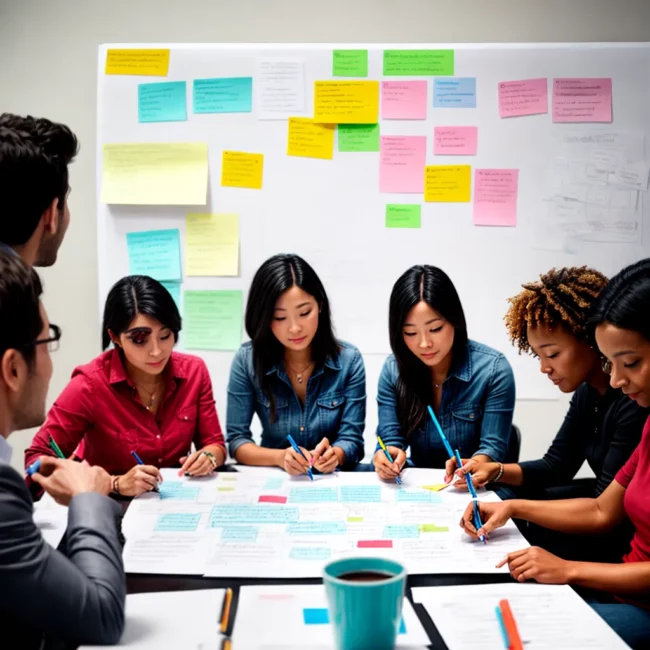 equipe diversa brainstorm quadro branco