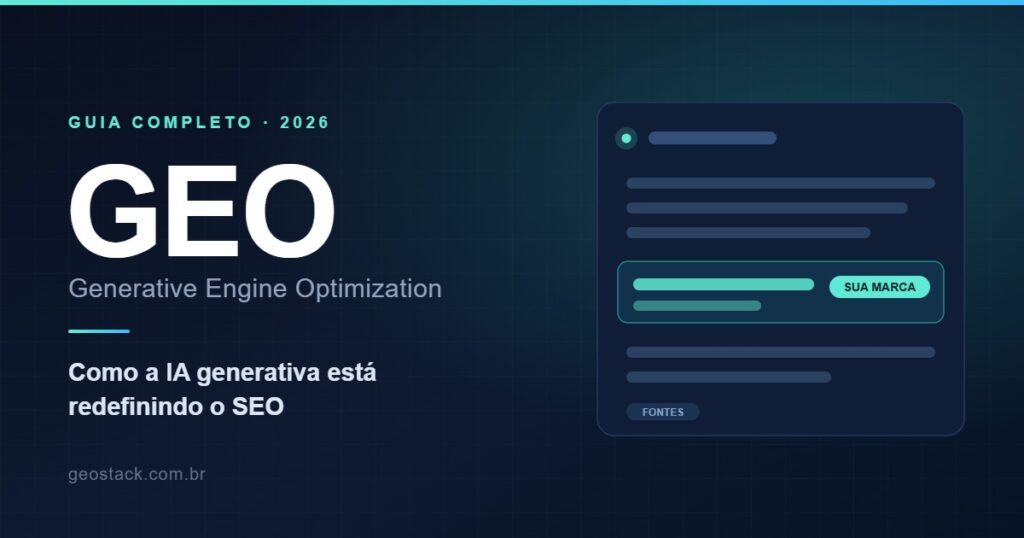 Ilustracao com a sigla GEO e uma resposta de IA citando uma marca